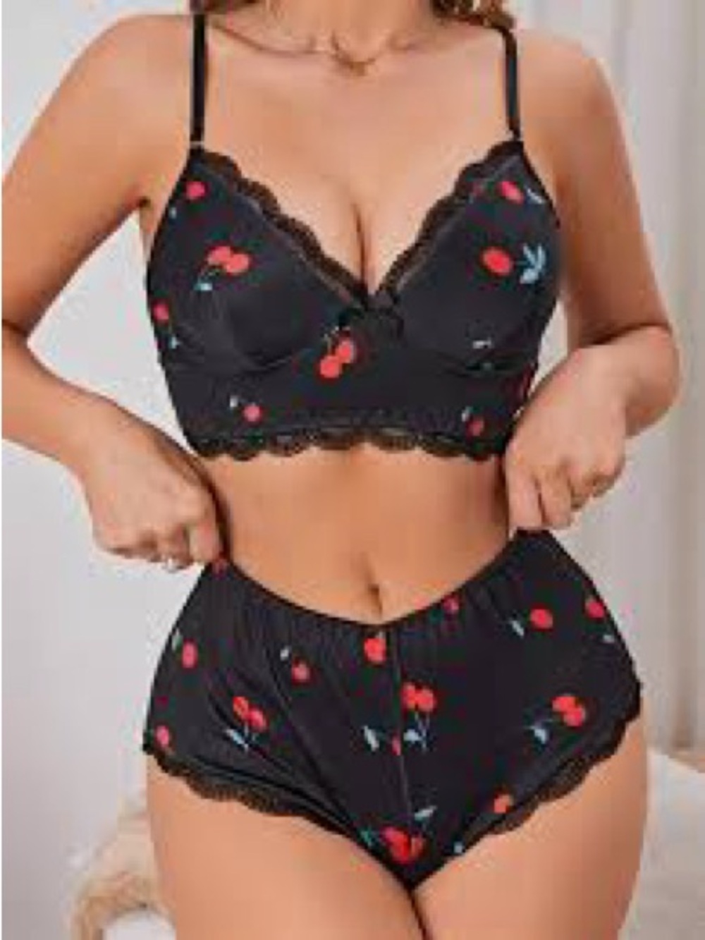 Cherry-Print Lace Trim Bralette & High-Waist Shorts Set - Black